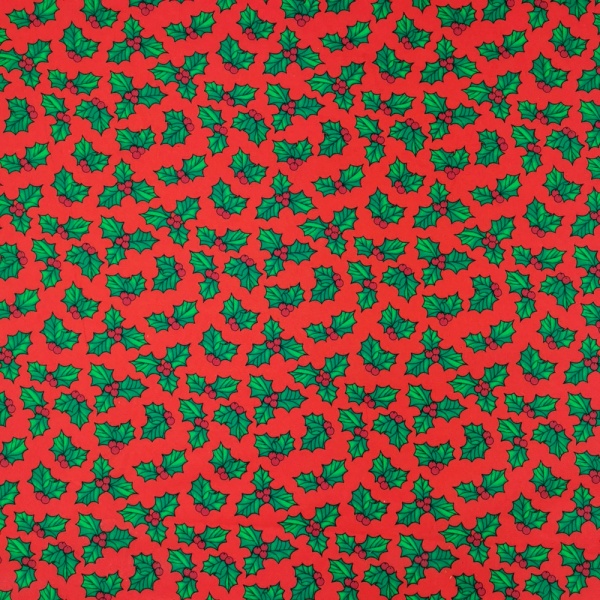 Christmas Polycotton HOLLY ON RED